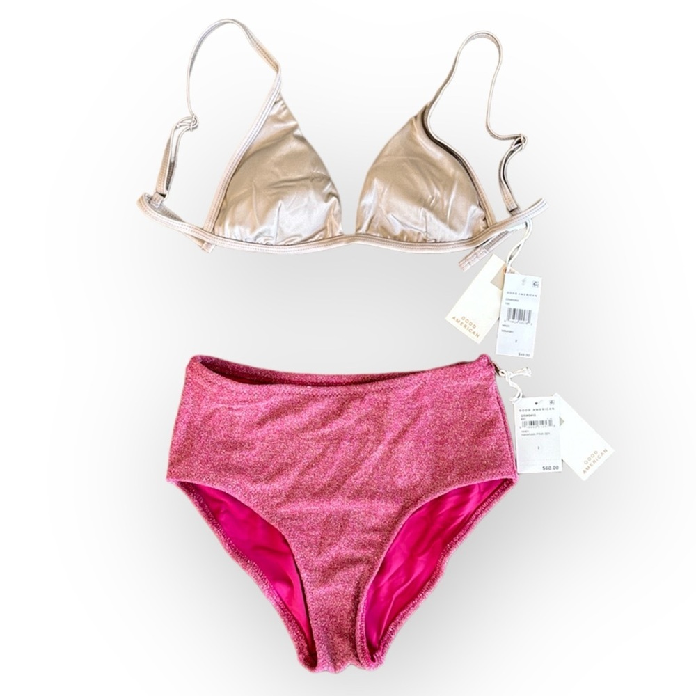 NWT Good American Mink Bikini Top & High Waist Pink Sparkle Bottoms Set, M (2)
